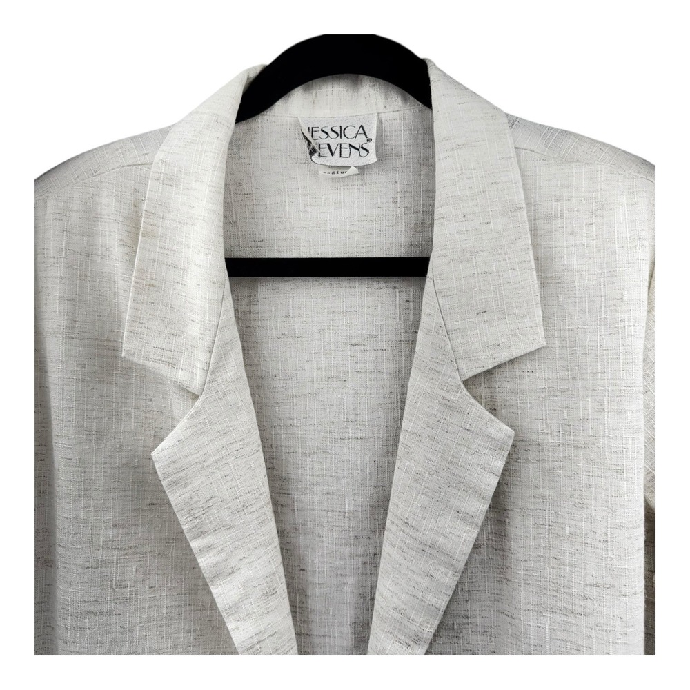 Jessica Stevens Linen Light Long Blazer Ivory Jacket Sz Medium USA Shoulder Pads - Picture 2 of 9